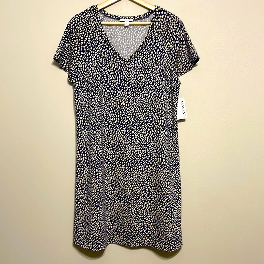 NWT! Nine West Dress short sleeve navy and tan print, size L.